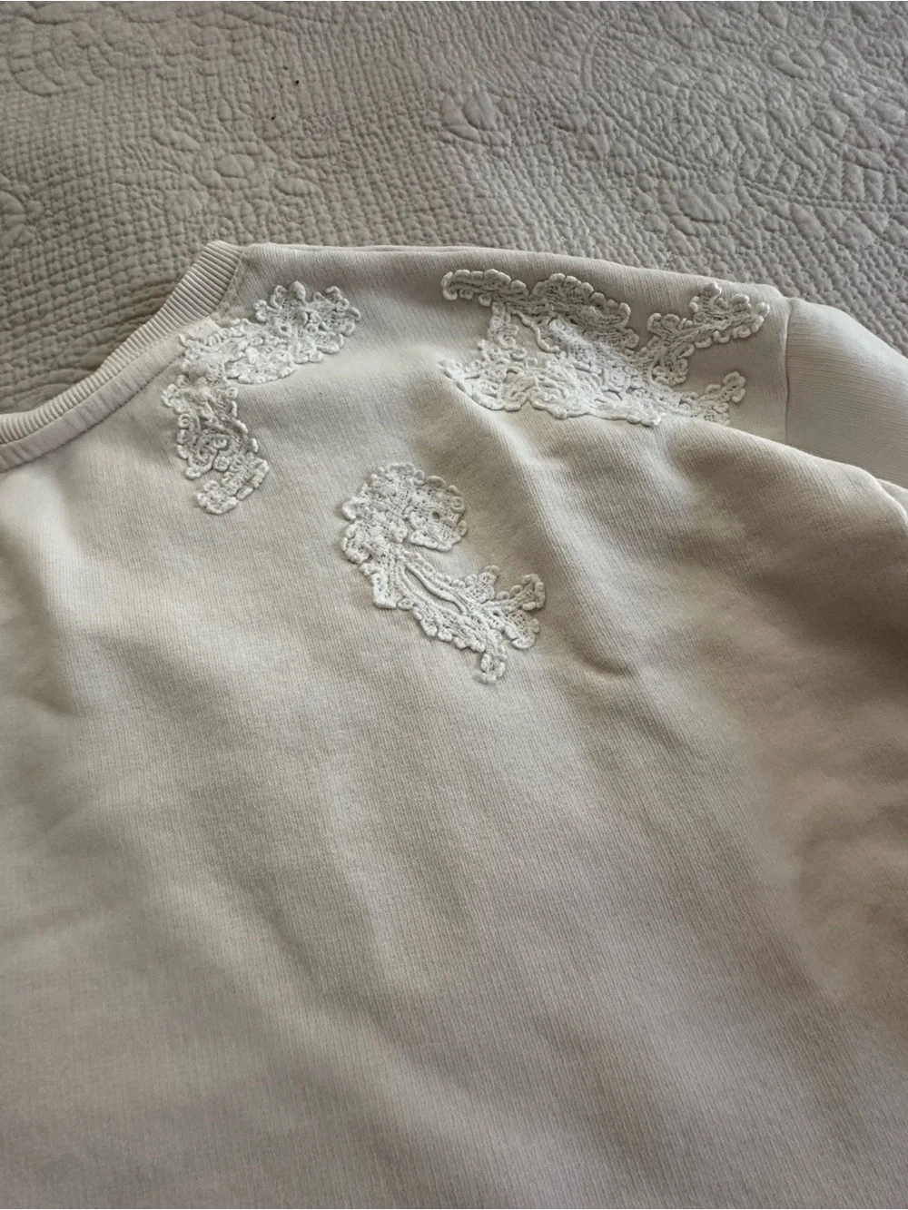 Anthropologie Cream Lace Appliqué Scoop-Neck Sweatshirt